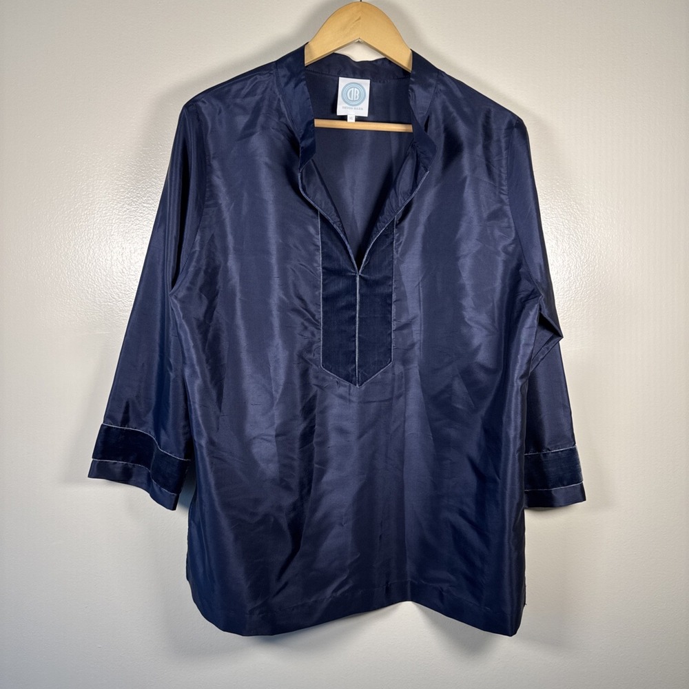 Devon‎ Baer Navy Silk Tunic Women's XL Velvet Trim Long Sleeve Top Blouse